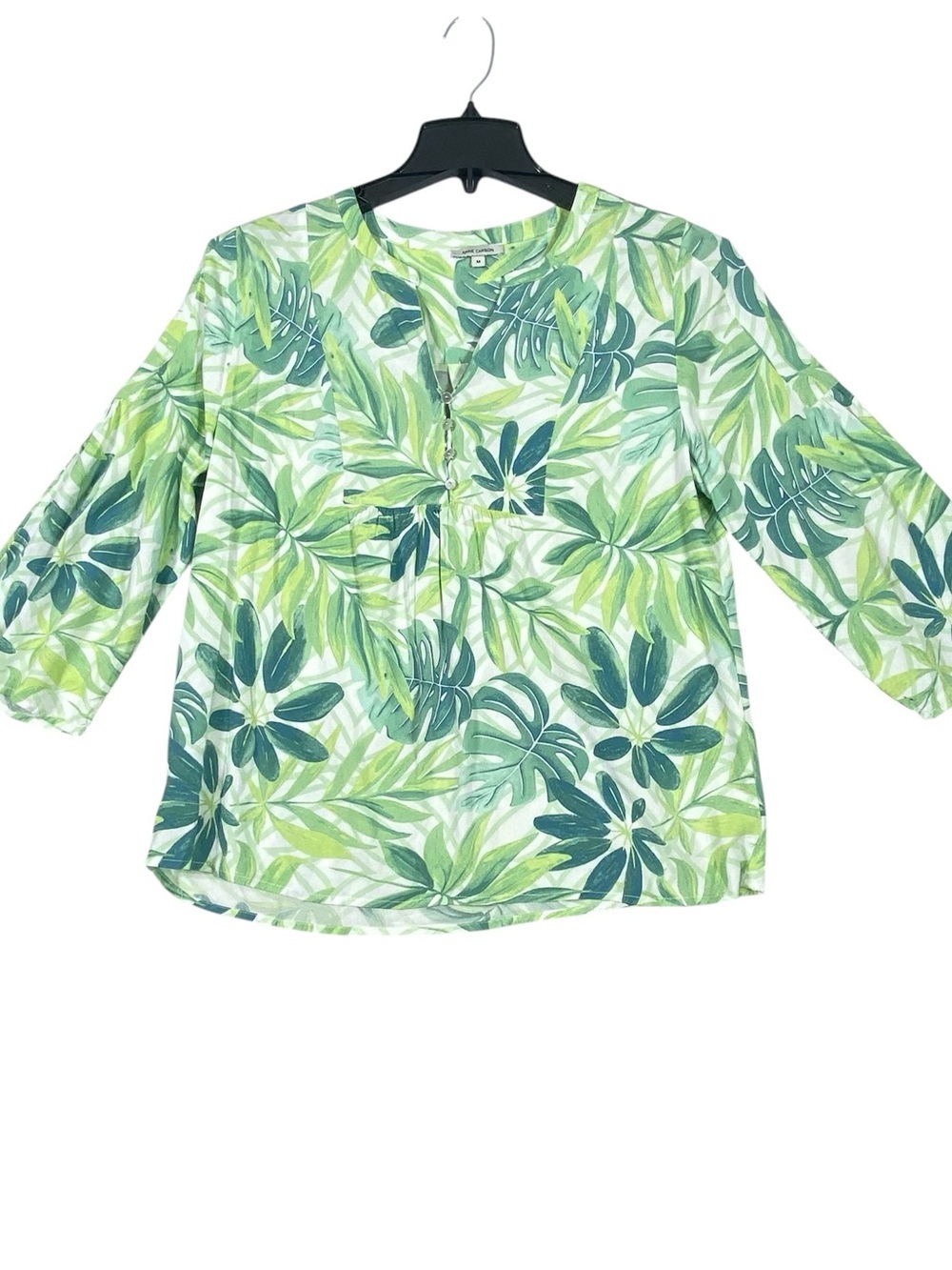 Anne Carson Tropical Leaf Blouse Women's M Green Split Neck 3/4 Sleeves Coastal